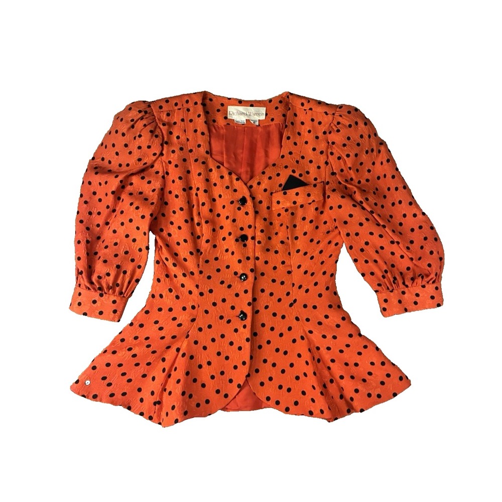 Rare VTG 80s Richard Warren 100% Silk Red Polka Dot Peplum Blazer Jacket Size 10